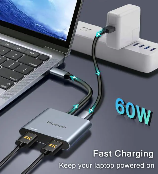 Alt view image 6 of 7 - KEHIPI  USB C to Dual HDMI Adapter 4K@60HZ, USB C Hub HDMI Adapter for Dual Monitors with USB-A 3.0, 100W PD Compatible for MacBook Air/Pro, More Thunderbolt 3/4 Laptop