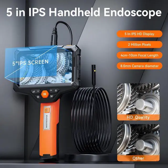 Alt view image 2 of 6 - KEHIPI Endoscope Camera with Light, 5" IPS Screen Borescope,1920P HD Inspection Camera with Lights, IP67 Waterproof Flexible Cable for Automotive/Home/Wall/Pipe/Car (16.5FT)