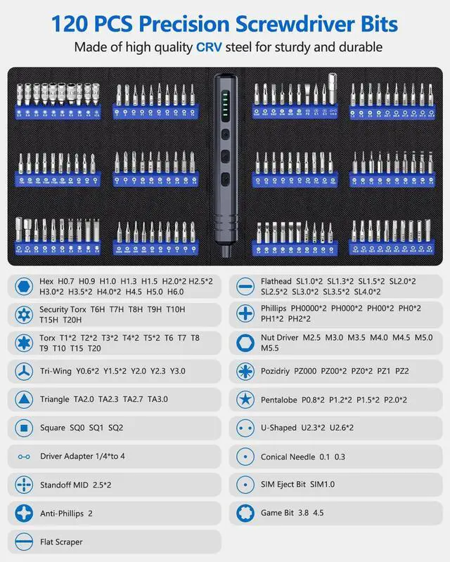 Alt view image 5 of 7 - KEHIPI Mini Electric Screwdriver Set 140-IN-1: Small Electric Screwdriver Cordless - 120 Precision Bits, 5 Torque Settings, LED Light, Magnetic Power Screwdriver Repair Tool Kit for PC RC Electronics
