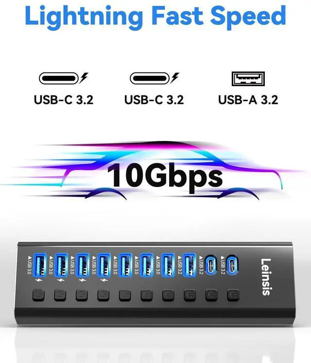 Alt view image 3 of 7 - KEHIPI Powered USB Hub 3.2, 10-Port USB 3.2/USB C Hub (10Gbps USB-A 3.2 +2 USB-C 3.2 +7 USB 3.0 Ports) with Individual On/Off Switches and 12V Power Adapter, Aluminum USB Hub Powered for Laptop PC