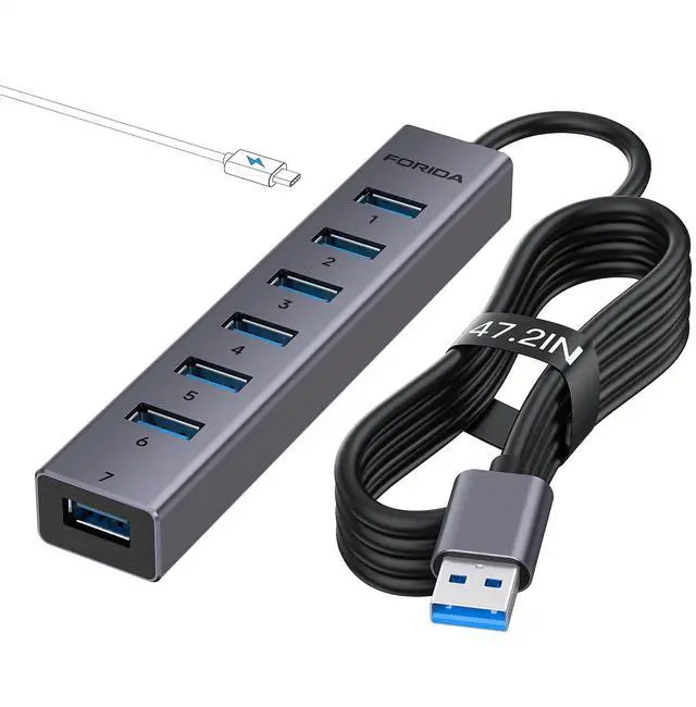 Main image of FORIDA USB Hub, 8 Ports USB 3.0 Adapter with 7 USB 3.0 Data Ports,USB Splitter with USB C 5V/3A Power Port, 47IN/120CM Main Cable for Laptop PC and More(Dark Gray, 47 in)