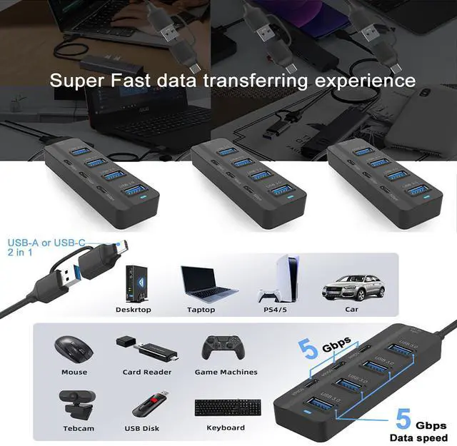 Alt view image 3 of 6 - KEHIPI USB C Hub, 5Gbps 7 Ports USB 3.0, USB Hub with USB C Long Cable USB Splitter Multiport Adapter Compatible with Thunderbolt3/4,MacBook, iMac, Surface Pro