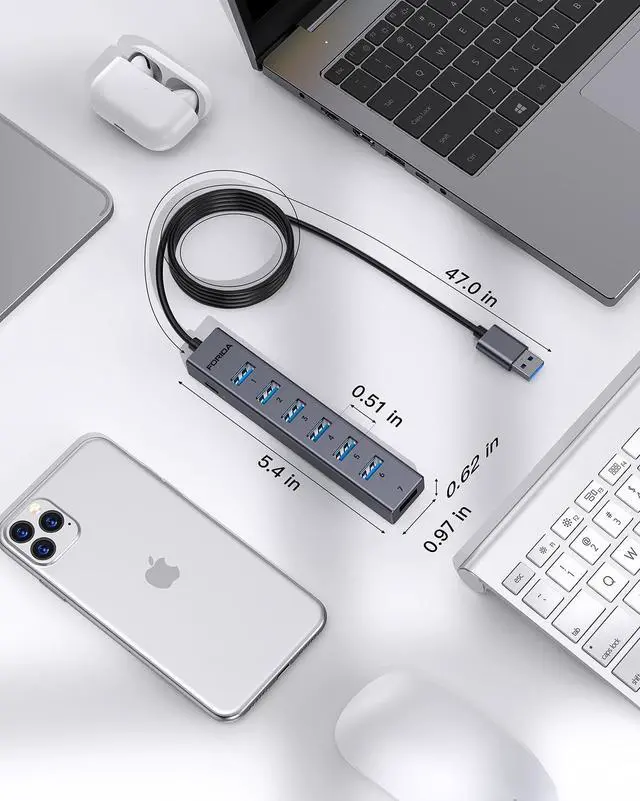Alt view image 6 of 7 - FORIDA USB Hub, 8 Ports USB 3.0 Adapter with 7 USB 3.0 Data Ports,USB Splitter with USB C 5V/3A Power Port, 47IN/120CM Main Cable for Laptop PC and More(Dark Gray, 47 in)