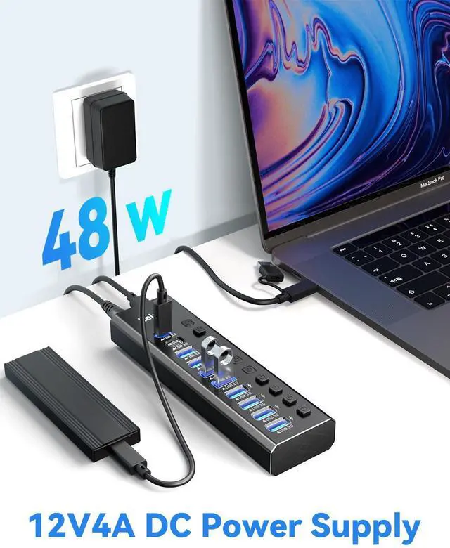 Alt view image 4 of 7 - KEHIPI Powered USB Hub 3.2, 10-Port USB 3.2/USB C Hub (10Gbps USB-A 3.2 +2 USB-C 3.2 +7 USB 3.0 Ports) with Individual On/Off Switches and 12V Power Adapter, Aluminum USB Hub Powered for Laptop PC