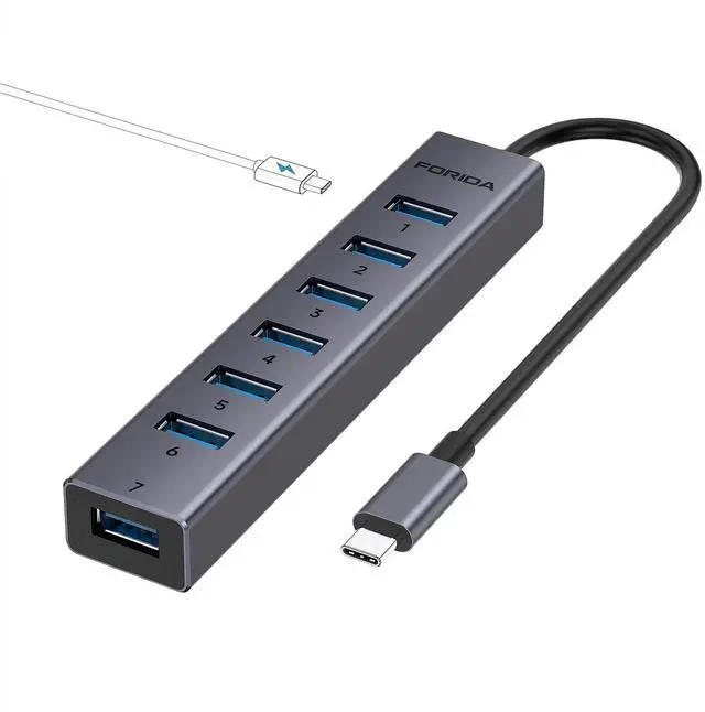 Main image of KEHIPI  USB C to USB Hub, 8 Ports USB 3.0 Adapter with 7 USB 3.0 Data Ports,USB Splitter with USB C 5V/3A Power Port, 9.8N/25CM Main Cable for Laptop PC and More (Dark Gray, 9.8 in)
