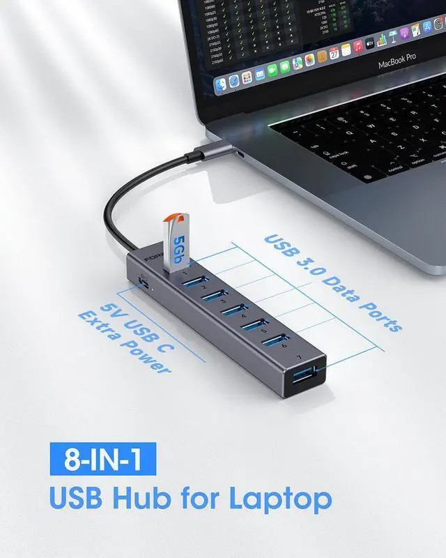 Alt view image 4 of 7 - KEHIPI  USB C to USB Hub, 8 Ports USB 3.0 Adapter with 7 USB 3.0 Data Ports,USB Splitter with USB C 5V/3A Power Port, 9.8N/25CM Main Cable for Laptop PC and More (Dark Gray, 9.8 in)