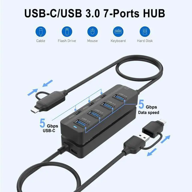 Alt view image 6 of 6 - KEHIPI USB C Hub, 5Gbps 7 Ports USB 3.0, USB Hub with USB C Long Cable USB Splitter Multiport Adapter Compatible with Thunderbolt3/4,MacBook, iMac, Surface Pro