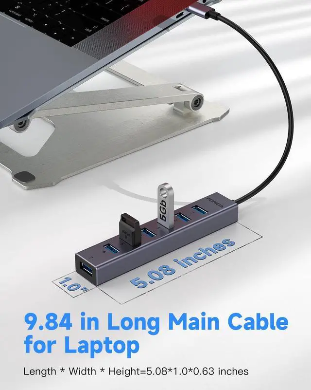 Alt view image 5 of 7 - KEHIPI  USB C to USB Hub, 8 Ports USB 3.0 Adapter with 7 USB 3.0 Data Ports,USB Splitter with USB C 5V/3A Power Port, 9.8N/25CM Main Cable for Laptop PC and More (Dark Gray, 9.8 in)