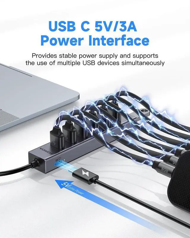 Alt view image 2 of 7 - KEHIPI  USB C to USB Hub, 8 Ports USB 3.0 Adapter with 7 USB 3.0 Data Ports,USB Splitter with USB C 5V/3A Power Port, 9.8N/25CM Main Cable for Laptop PC and More (Dark Gray, 9.8 in)