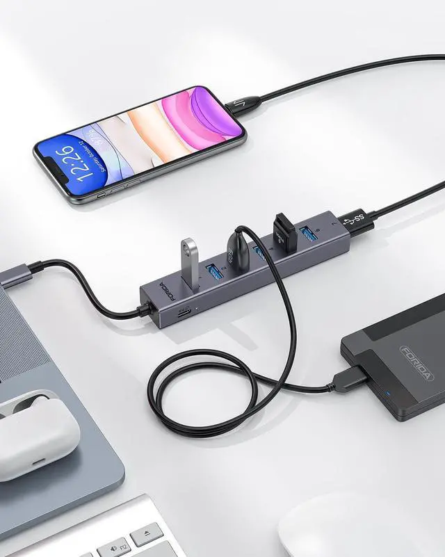 Alt view image 6 of 7 - KEHIPI  USB C to USB Hub, 8 Ports USB 3.0 Adapter with 7 USB 3.0 Data Ports,USB Splitter with USB C 5V/3A Power Port, 9.8N/25CM Main Cable for Laptop PC and More (Dark Gray, 9.8 in)