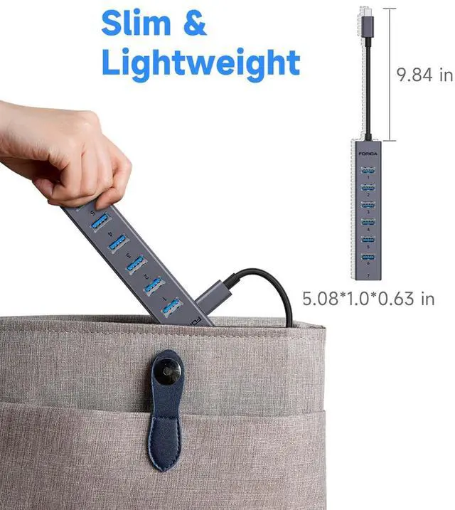 Alt view image 7 of 7 - KEHIPI  USB C to USB Hub, 8 Ports USB 3.0 Adapter with 7 USB 3.0 Data Ports,USB Splitter with USB C 5V/3A Power Port, 9.8N/25CM Main Cable for Laptop PC and More (Dark Gray, 9.8 in)