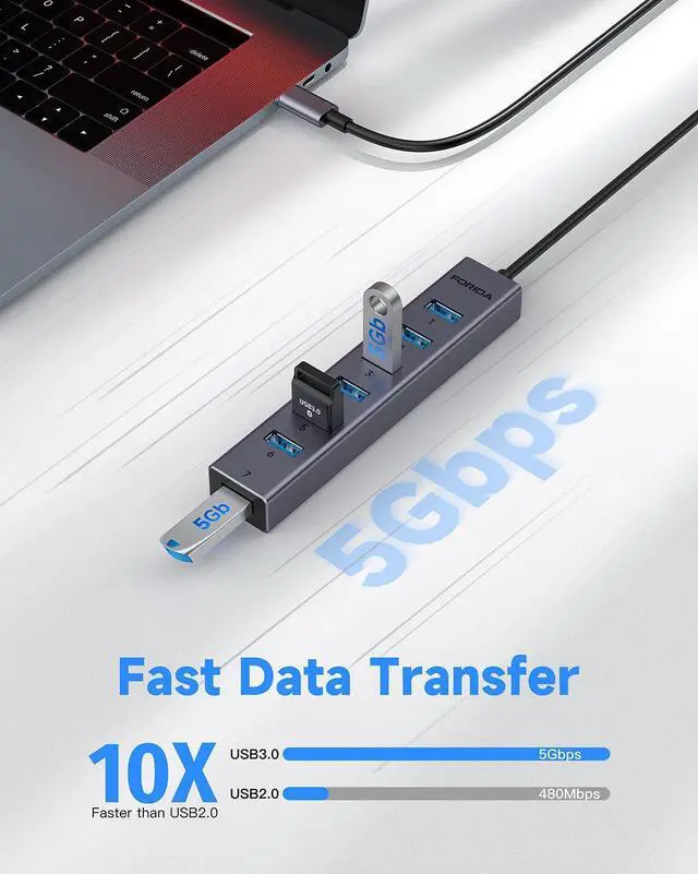 Alt view image 3 of 7 - KEHIPI  USB C to USB Hub, 8 Ports USB 3.0 Adapter with 7 USB 3.0 Data Ports,USB Splitter with USB C 5V/3A Power Port, 9.8N/25CM Main Cable for Laptop PC and More (Dark Gray, 9.8 in)