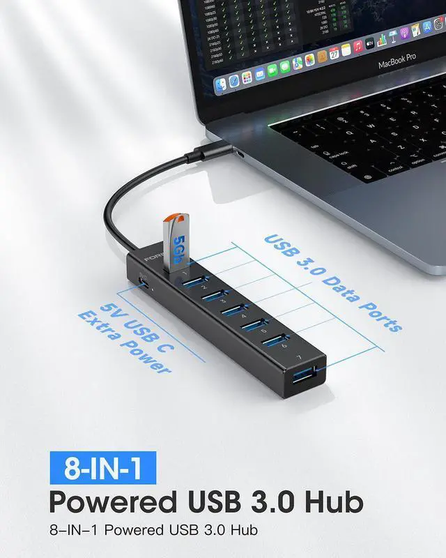 Alt view image 2 of 7 - KEHIPI USB C Hub-8 Port USB HUB with 7 USB3.0 Data Ports,Aluminum Alloy USBC Splitter with Type C 5V/3A Power Port Compatible with MacBook, iPad, Surface Pro, XPS, Laptop,PC (Black,USB C-9.8in)