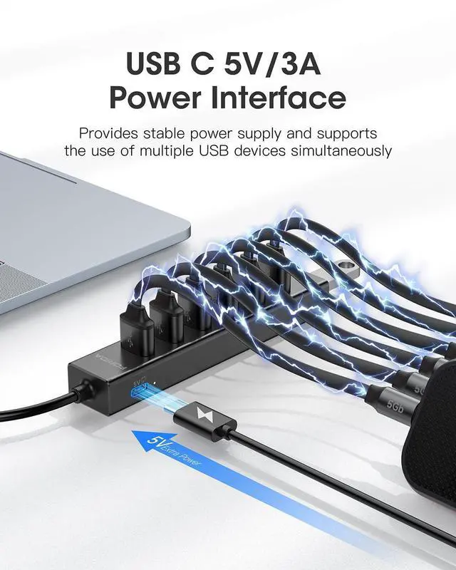 Alt view image 3 of 7 - KEHIPI USB C Hub-8 Port USB HUB with 7 USB3.0 Data Ports,Aluminum Alloy USBC Splitter with Type C 5V/3A Power Port Compatible with MacBook, iPad, Surface Pro, XPS, Laptop,PC (Black,USB C-9.8in)