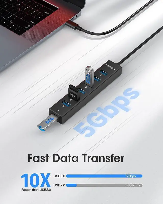 Alt view image 4 of 7 - KEHIPI USB C Hub-8 Port USB HUB with 7 USB3.0 Data Ports,Aluminum Alloy USBC Splitter with Type C 5V/3A Power Port Compatible with MacBook, iPad, Surface Pro, XPS, Laptop,PC (Black,USB C-9.8in)