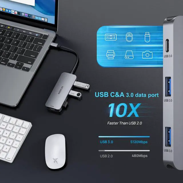 Alt view image 2 of 7 - USB C Hub 4K 60Hz HDMI with 100W Power Delivery, USB-C and 2 USB-A 5Gbps Data Multiport Adapter, microSD and SD Card Reader, Dongle for MacBook Air/Pro, Dell, Lenovo, HP, Surface and More