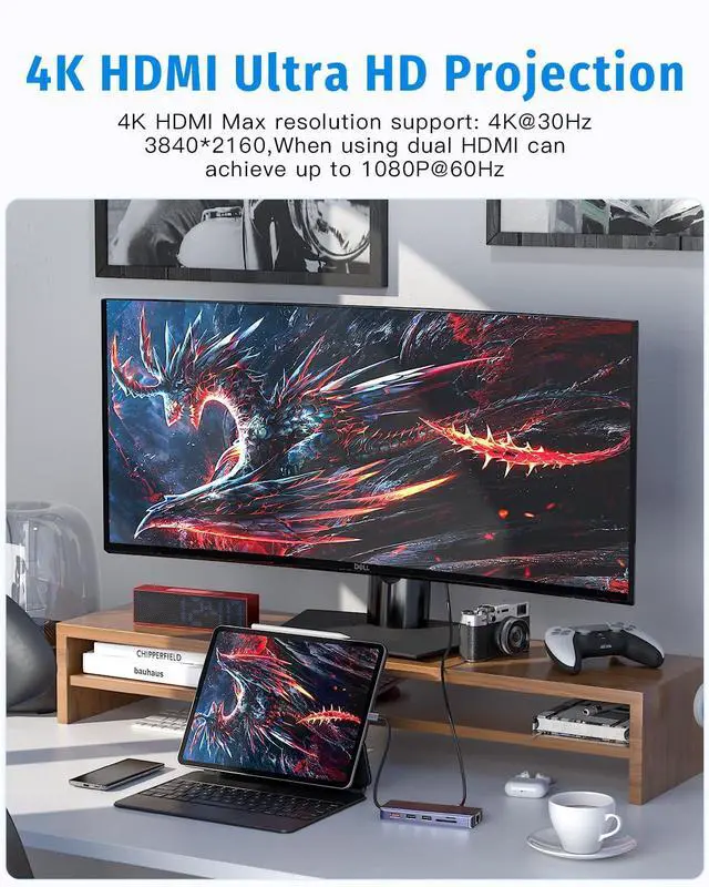 Alt view image 7 of 7 - KEHIPI USB C 10GB Hub, USB C to HDMI Dock Compatible for MacBook Pro/Air, Chromebook, Dell XPS, HP and More (SD/TF Card Reader, Ethernet,100W PD3.0, 4K HDMI,USB 10GB Port)