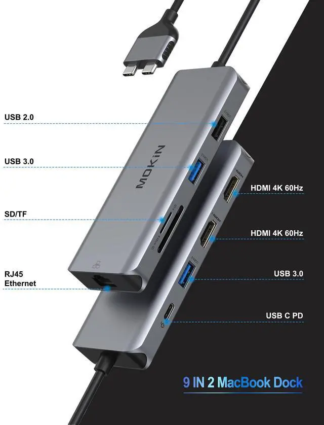 Alt view image 2 of 7 - KEHIPI MacBook Pro Docking Station Dual Monitor MacBook Pro HDMI Adapter,9 in 1 USB C Adapters for MacBook Pro Air Mac HDMI Dock Dongle Dual USB C to Dual HDMI Ethernet 3USB SD/TF100W PD