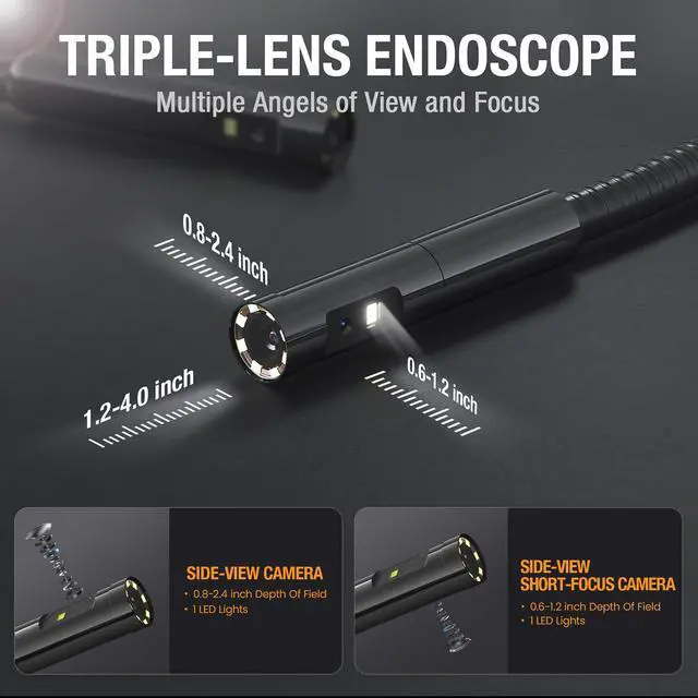 Alt view image 2 of 7 - KEHIPI Triple Lens Borescope Inspection Camera, Professional Endoscope with Light, Digital Video Scope Camera, 5" IPS Screen, Waterproof Flexible Cable for Automotive/Home/Wall/Pipe/Car (16.5FT)