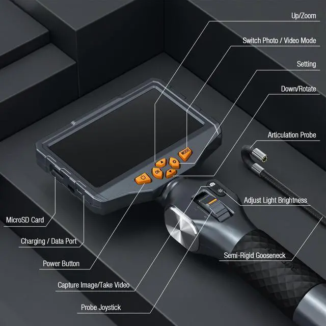 Alt view image 7 of 7 - Two-Way Articulating Borescope with Light, Teslong 5-inch IPS Endoscope Inspection Camera with Articulation Head, Automotive Mechanics Fiber Optic Scope-0.33inch