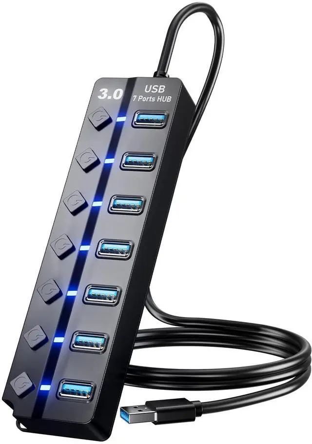 Main image of USB 3.0 Hub, PANPEO 7-Port USB Data Hub Splitter with 3ft Long Cable USB Extension for Laptop,PC Computer,Surface Pro, PS4/5, Flash Drive, Mobile HDD - with LED Individual On/Off