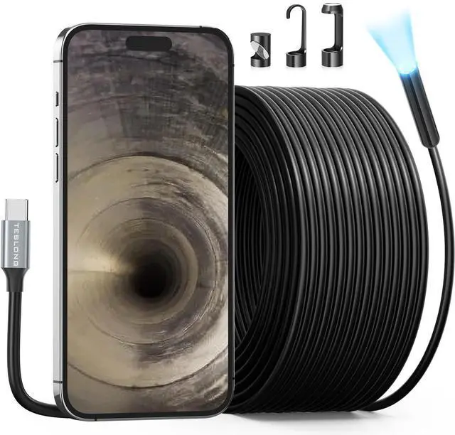 Main image of Teslong 50FT USB-C Borescope Camera with Light, Only Compatible with iPhone 15/16 Android Phones, 50 ft Flexible Waterproof Endoscope for DIY Pipe Inspection with Drain Snake