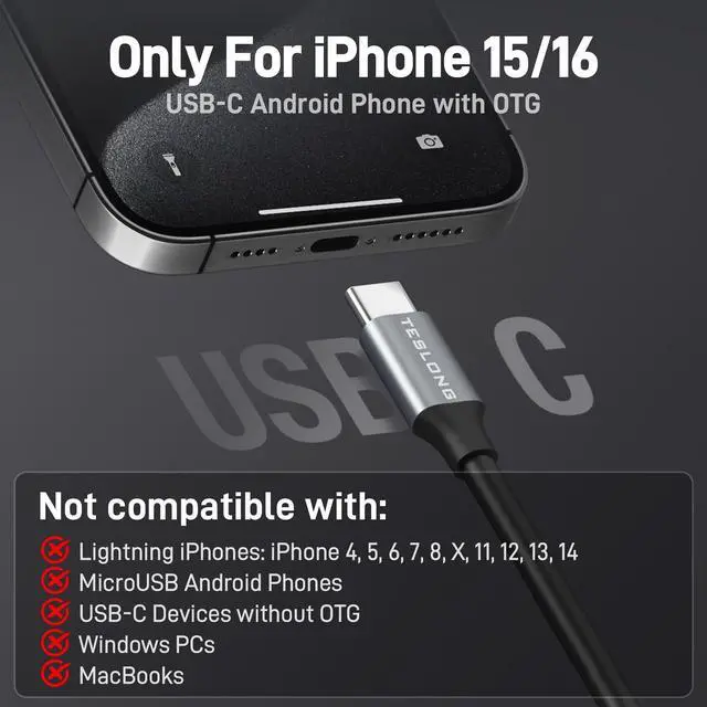 Alt view image 2 of 7 - USB C Endoscope Camera with Light, Teslong Type-C Snake Borescope Camera with 8 LED Lights, 10FT Flexible Waterproof Inspection Cam, Fiber Optic Scope Compatible with iPhone 15/16, Android Phone