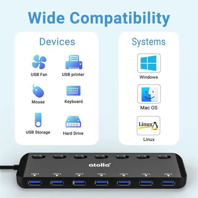 Alt view image 3 of 7 - KEHIPI 7-Port USB 3.0 Hub Splitter, USB Extender Ultra Slim Data USB Hub with Individual Power Switch and LEDs