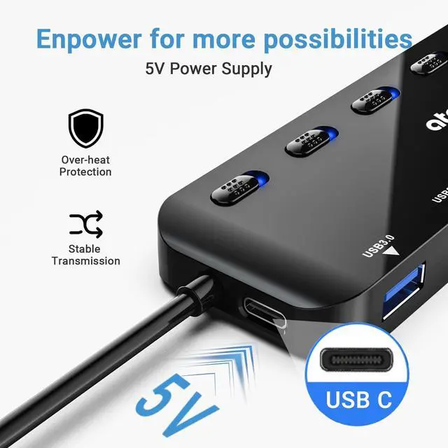 Alt view image 4 of 7 - KEHIPI 7-Port USB 3.0 Hub Splitter, USB Extender Ultra Slim Data USB Hub with Individual Power Switch and LEDs