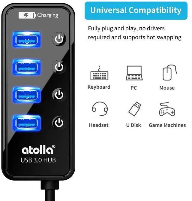 Alt view image 3 of 7 - Atolla 4-Port USB 3.0 Hub with 4 Data Ports, 1 Smart Charging Port, Individual On/Off Switches and 5V/3A Adapter