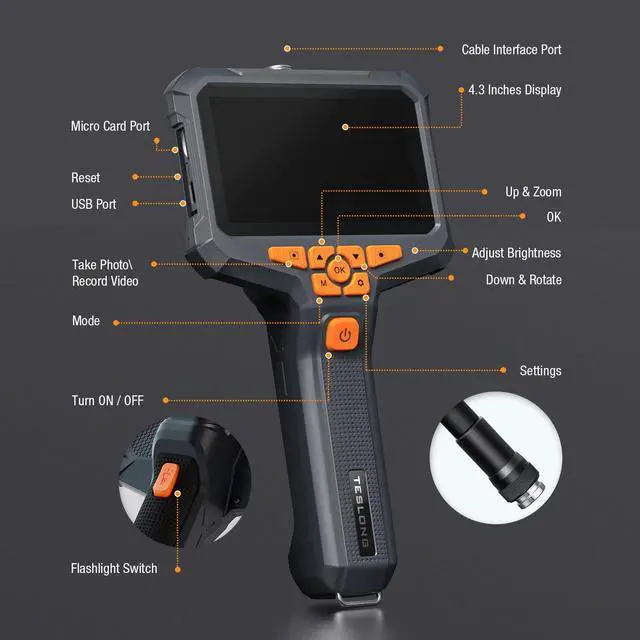Alt view image 7 of 7 - Dual Lens Endoscope Camera with Light, Teslong 4.3" HD Snake Borescope Inspection Camera, Automotive Scope Cam with Flexible Cable, Home Waterproof Fiber Optic for Sewer Drain Pipe (3.3FT)