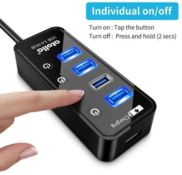 Alt view image 4 of 7 - KEHIPI 4-Port USB 3.0 Hub with 4 Data Ports, 1 Smart Charging Port, Individual On/Off Switches and 5V/3A Adapter