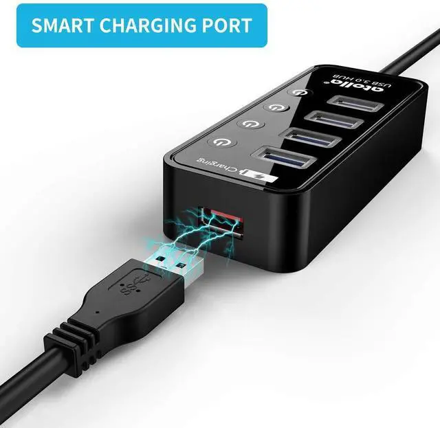 Alt view image 5 of 7 - KEHIPI 4-Port USB 3.0 Hub with 4 Data Ports, 1 Smart Charging Port, Individual On/Off Switches and 5V/3A Adapter