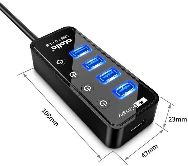Alt view image 6 of 7 - Atolla 4-Port USB 3.0 Hub with 4 Data Ports, 1 Smart Charging Port, Individual On/Off Switches and 5V/3A Adapter