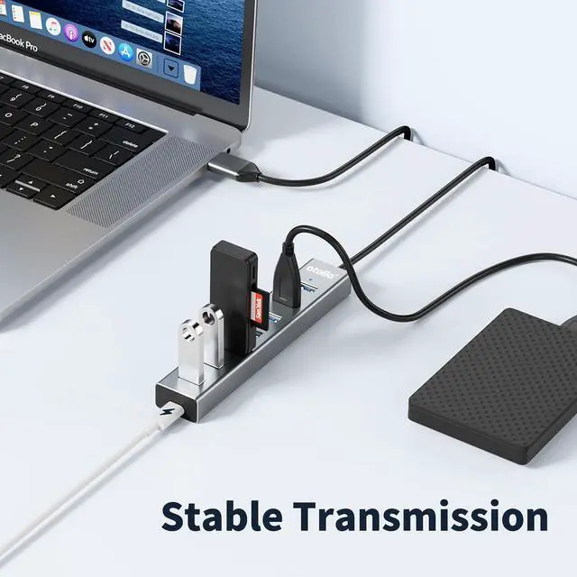 Alt view image 3 of 7 - KEHIPI Aluminum 7-Port USB 3.0 Hub with 1m Extension Cable - 5Gbps High-Speed Data Transfer for MacBook Pro, Laptop, PC, Gaming Setup-Gray