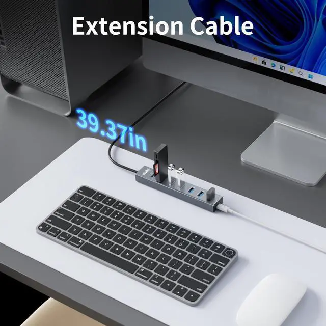 Alt view image 6 of 7 - KEHIPI Aluminum 7-Port USB 3.0 Hub with 1m Extension Cable - 5Gbps High-Speed Data Transfer for MacBook Pro, Laptop, PC, Gaming Setup-Gray