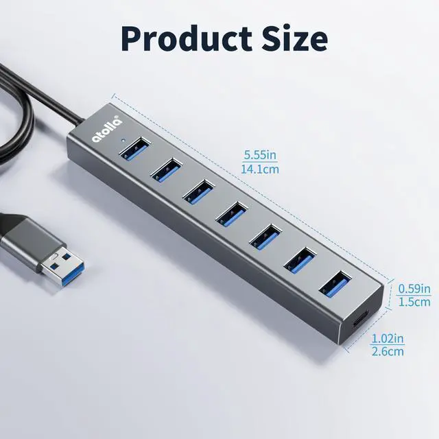 Alt view image 7 of 7 - KEHIPI Aluminum 7-Port USB 3.0 Hub with 1m Extension Cable - 5Gbps High-Speed Data Transfer for MacBook Pro, Laptop, PC, Gaming Setup-Gray