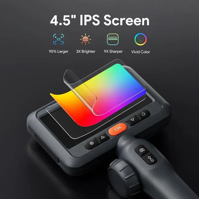 Alt view image 7 of 7 - KEHIPI Dual Lens Articulating Endoscope Camera with Lights, 4.5" Screen Two-Way Industrial Borescope, Flexible Snake Scope, Video Inspection Camera Tool for Wall Engine Auto Mechanics - 10FT