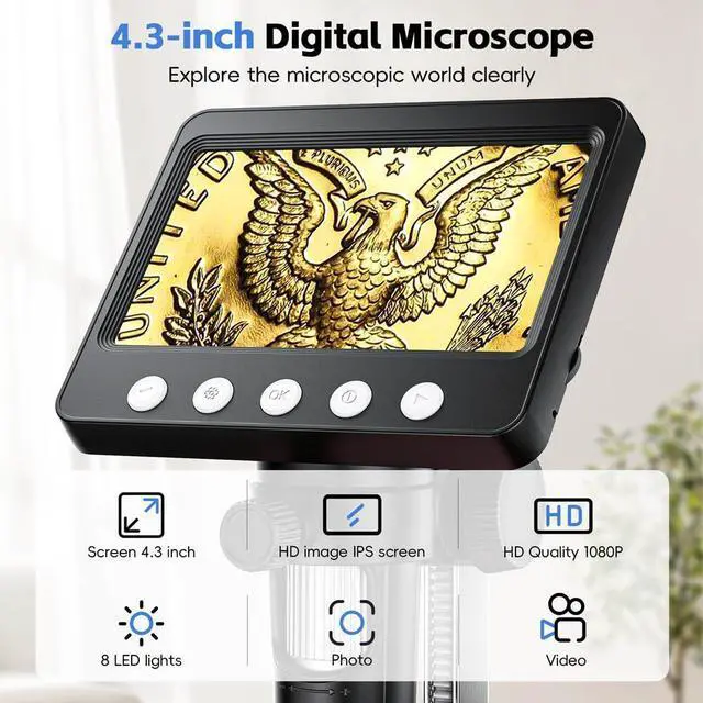 Alt view image 2 of 7 - KEHIPI 4.3" Digital Microscope for Adults, Coin Microscope1000X Magnification with 8 Ajustable LED Fill Lights, USB Microscope for Windows/MacOS, Coin Collection Supplies (376)
