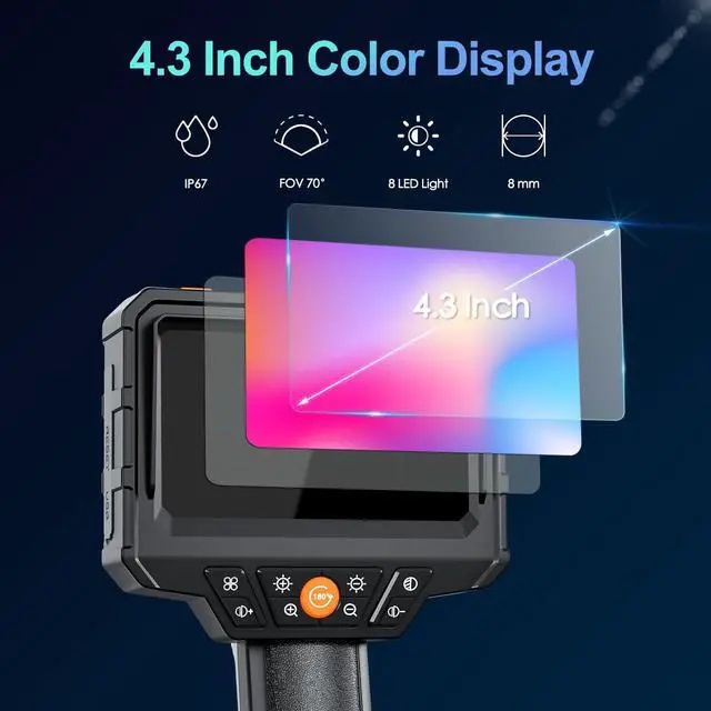 Alt view image 3 of 7 - KEHIPI Endoscope Camera with Light, 4.3'' LCD Screen HD Digital Handheld Borescope IP67 Waterproof Snake Sewer Inspection Camera with 8 LED Lights, 3 Accessories, Semi-Rigid Cable-15M(49.2FT)