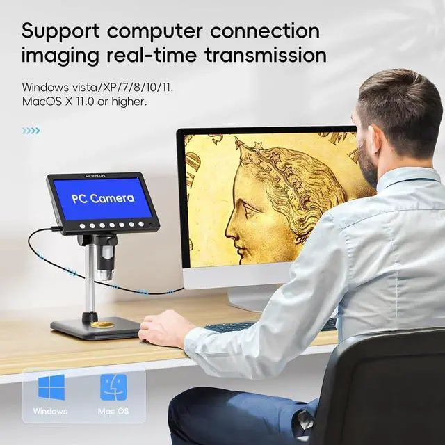 Alt view image 4 of 7 - KEHIPI 7" Digital Microscope for Adults, Coin Microscope 1200X Magnification with 8 Ajustable LED Fill Lights and 32GB Card, USB Microscope for Windows/MacOS, Coin Collection Supplies