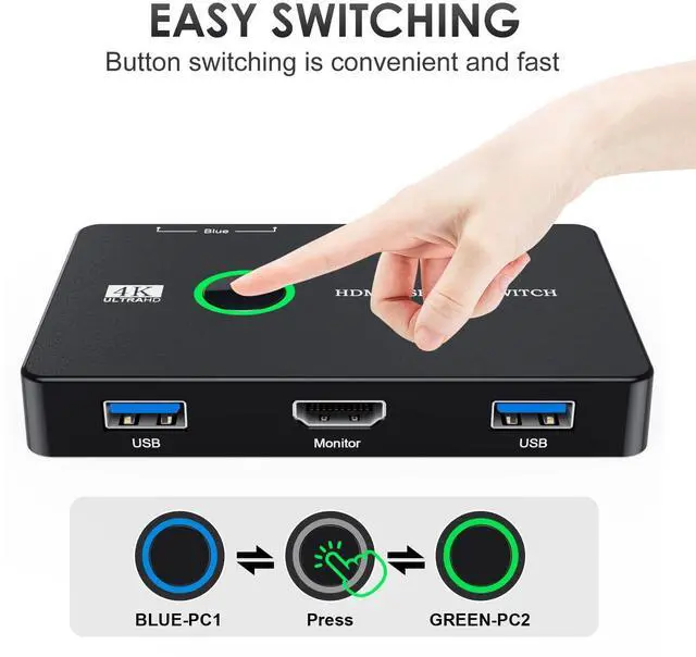 Alt view image 2 of 5 - KEHIPIUSB 3.0 Switch for Computers Shares Mouse Keyboard Printer to One HD Monitor, 4K@60 Hz USB and HDMI Switch with 2 HDMI Cables and 2 USB Cables Included