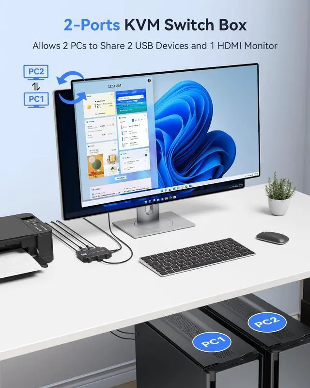 Alt view image 3 of 7 - KEHIPI KVM Switch 1 Monitors 2 Computers USB Switch for 2 Computers Share Keyboard Mouse Printer and one HD Monitor Support UHD 8K@60Hz with 2 USB Cable and 2 HDMI Cable (Black)