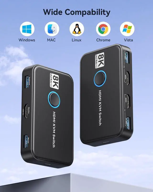 Alt view image 7 of 7 - KEHIPI KVM Switch 1 Monitors 2 Computers USB Switch for 2 Computers Share Keyboard Mouse Printer and one HD Monitor Support UHD 8K@60Hz with 2 USB Cable and 2 HDMI Cable (Black)