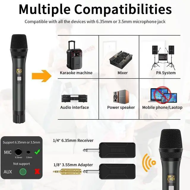 Alt view image 5 of 7 - KEHIPI Wireless Microphone, Handheld UHF Dual Metal Cordless Dynamic Mic System with Rechargeable Receiver,200ft Range,for Karaoke, Speech, Party, Wedding, Church,Singing Machine-Auto Connect