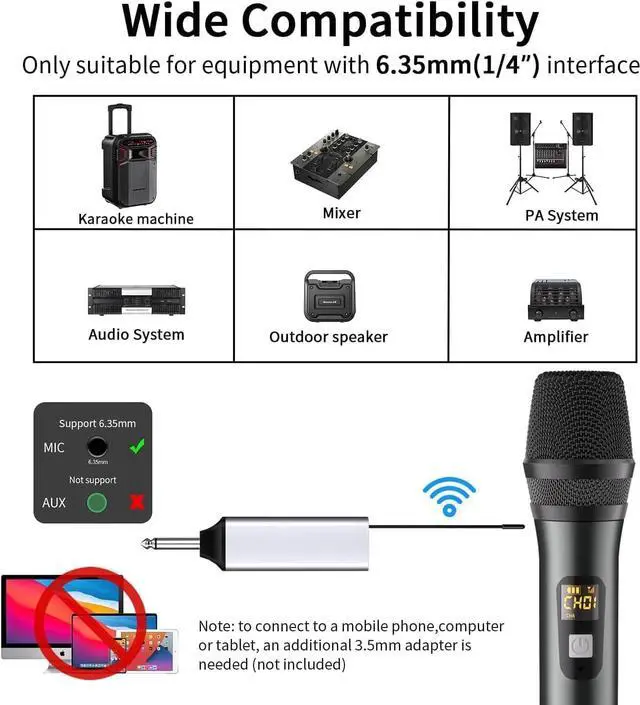 Alt view image 6 of 7 - KEHIPI Wireless Microphone, Handheld UHF Dual Metal Cordless Dynamic Mic System with Rechargeable Receiver,200ft Range,for Karaoke, Speech, Party, Wedding, Church,Singing Machine-Auto Connect