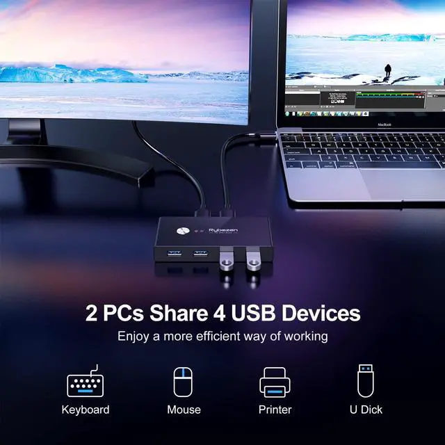 Alt view image 2 of 6 - KEHIPI USB 3.0 Switch, USB Switcher 2 Computers Share 4 USB for Keyboard Mouse Printer Scanner, USB KVM Switch Selector with 2 USB 3.0 Cables, Compatible with Windows, Mac, Linux