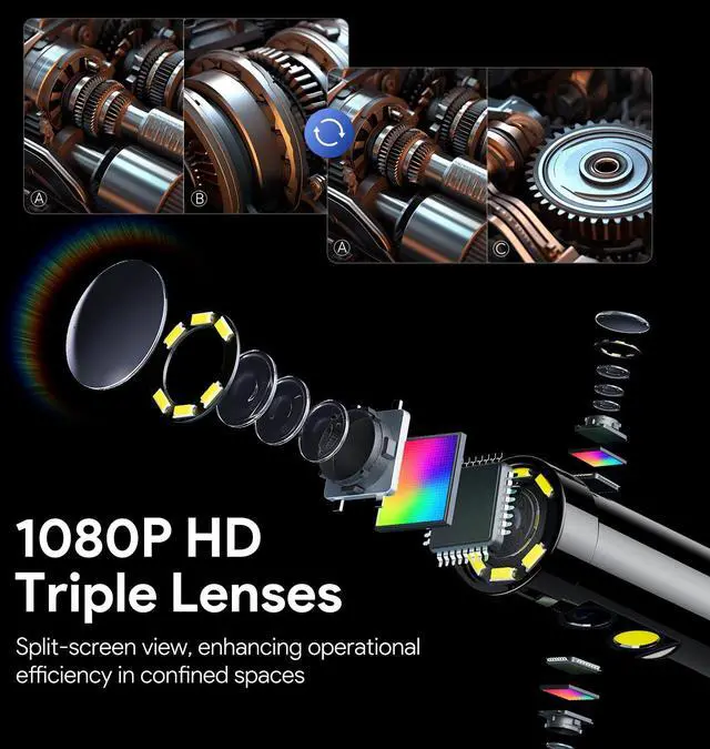 Alt view image 3 of 7 - KEHIPI 7'' IPS Endoscope Camera with Lights, 1080P Triple-Lens Digital Borescope Tool, Inspection Camera with Split Screen, Sound Recording, 16.5ft IP67 Waterproof Snake Cable, 180° Rotation View