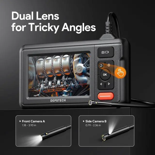 Alt view image 2 of 7 - KEHIPI Dual Lens Borescope, HD Endoscope With Light, 4.3'' IPS Screen Inspection Camera, IP67 Waterproof Drain Pipe Snake Cable, 16.5ft Semi-Rigid for Car Wall Plumbing HVAC