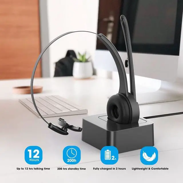 Alt view image 7 of 7 - KEHIPI Bluetooth Headset with Microphone, Noise Canceling Wireless On Ear Headphones, Bluetooth Headphones with Mic Charging Base, Phone Headset Mute Button for Laptop, Skype, Call Centers, Office